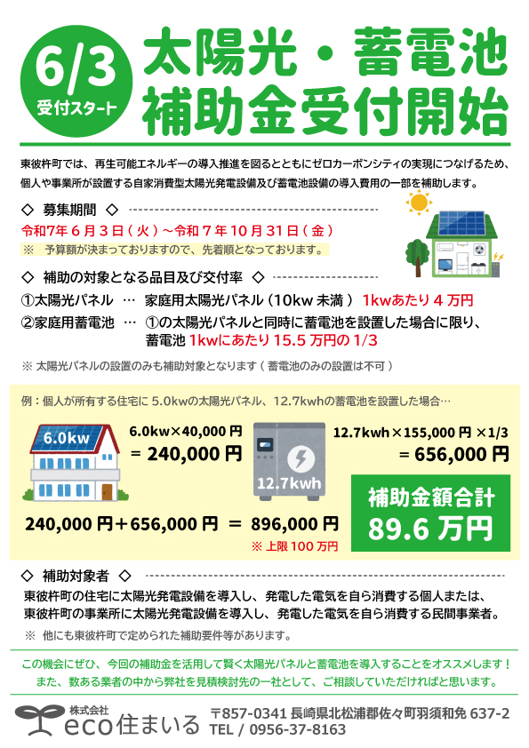 【長崎県東彼杵町】太陽光発電・蓄電池導入補助金スタートします！